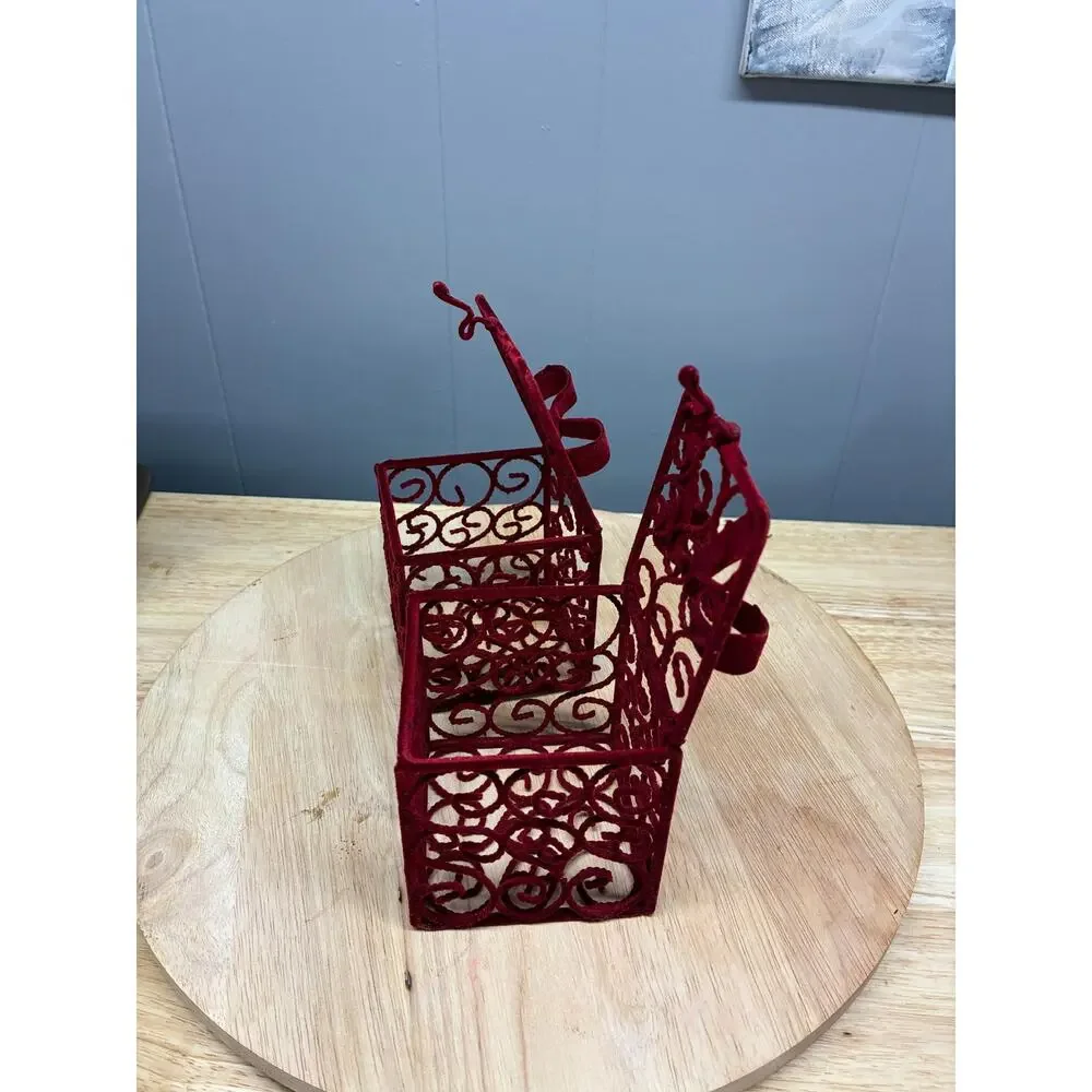 Pair of Red Velvet Gift Box Ornaments | Flocked Metal Filigree Boxes with Bows